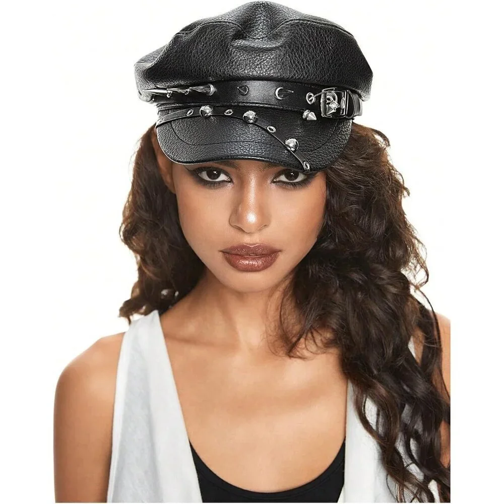 Women's Black Rivet Pu Leather Beret Fashion Caps Punk Rock Gothic Hats